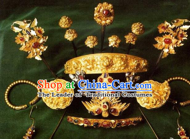 Traditional Chinese Ancient Classical Handmade Imperial Empress Hair Accessories Golden Headwear Hairpin Complete Set for Women