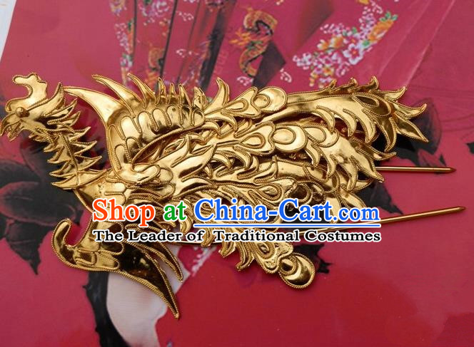 Traditional Chinese Ancient Classical Handmade Phoenix Golden Hairpin Hair Jewelry Accessories Hanfu Classical Palace Combs Hair Sticks for Women
