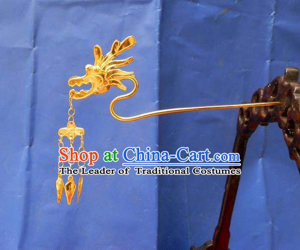 Traditional Chinese Ancient Classical Handmade Dragon Head Tassel Golden Hairpin Jewelry Accessories Hanfu Classical Palace Combs and Sticks for Women