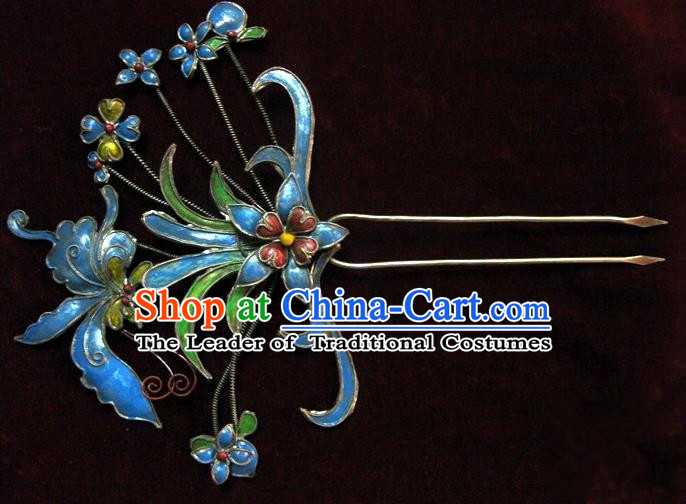 Traditional Handmade Chinese Ancient Classical Hair Accessories Barrettes, Palace Lady Blueing Flower Hairpin Step Shake Hair Sticks for Women