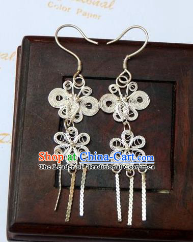 Traditional Handmade Chinese Ancient Classical Earrings Accessories Pure Sliver Tassel Flowers Eardrop for Women