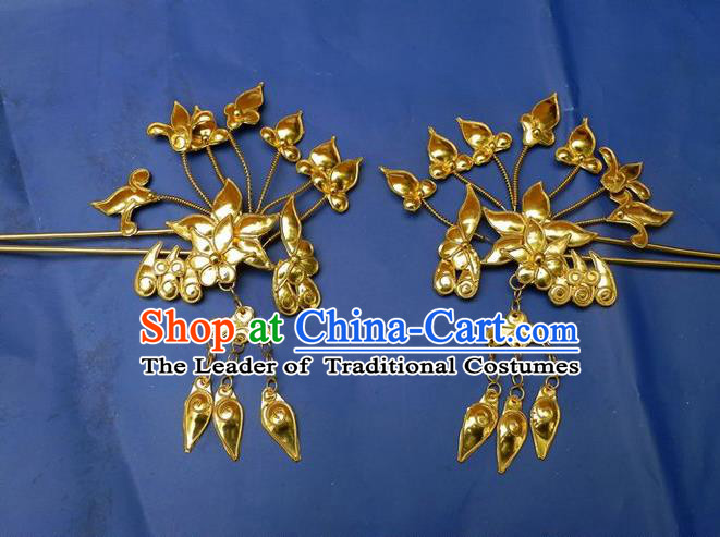 Traditional Handmade Chinese Ancient Classical Hair Accessories Barrettes Golden Hairpins, Step Shake Hair Sticks Hair Jewellery for Women