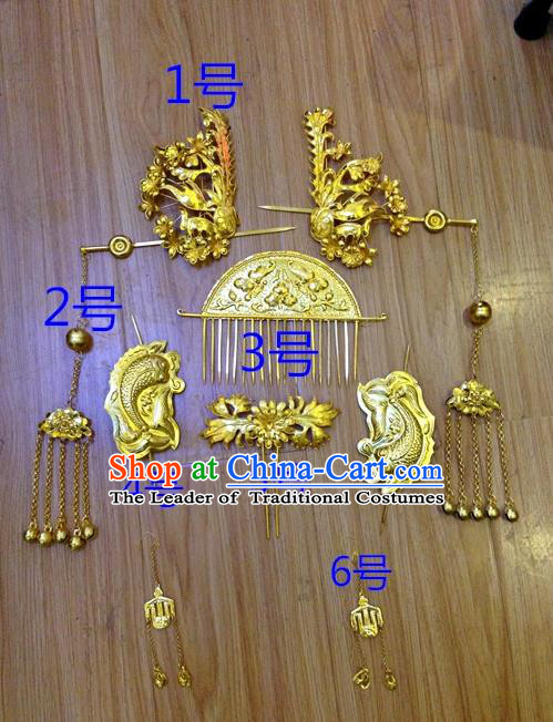 Traditional Handmade Chinese Ancient Classical Hair Accessories Barrettes Tang Dynasty Wedding Bride Phoenix Coronet Step Shake Hairpins Complete Set for Women