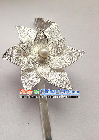 Traditional Handmade Chinese Ancient Classical Hair Accessories Barrettes Hairpins, Pure Sliver Pearl Lotus Step Shake Hair Sticks for Women