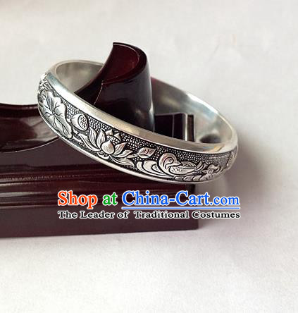 Traditional Chinese Miao Nationality Accessories Bracelet, Hmong Female Ethnic Pure Sliver Lotus Bangle for Women
