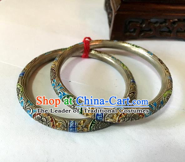 Traditional Chinese Miao Nationality Accessories Hollow Bracelet, Hmong Female Ethnic Pure Sliver Blueing Bangle for Women