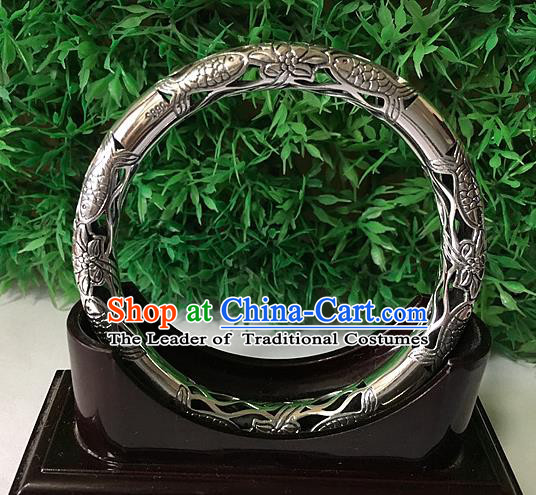Traditional Chinese Miao Nationality Accessories Hollow Bracelet, Hmong Female Ethnic Pure Sliver Bangle for Women