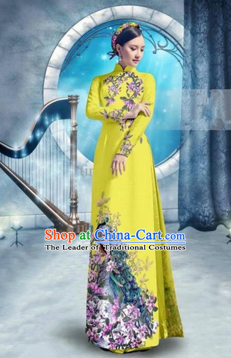 Top Grade Asian Vietnamese Traditional Dress, Vietnam Bride Ao Dai Dress, Princess Wedding Printing Peacock Lemon Yellow Cheongsam Clothing for Women