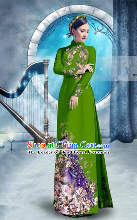 Top Grade Asian Vietnamese Traditional Dress, Vietnam Bride Ao Dai Dress, Princess Wedding Printing Peacock Deep Green Cheongsam Clothing for Women