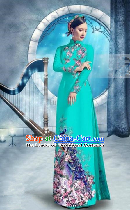 Top Grade Asian Vietnamese Traditional Dress, Vietnam Bride Ao Dai Dress, Princess Wedding Printing Peacock Fluorescent Blue Cheongsam Clothing for Women