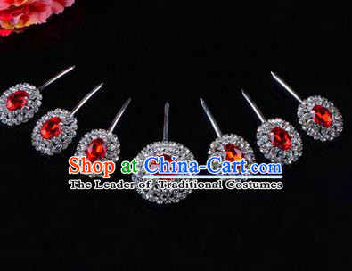 Chinese Ancient Peking Opera Hair Accessories Young Lady Seven stars Headwear, Traditional Chinese Beijing Opera Head Ornaments Hua Tan Red Crystal Hairpins