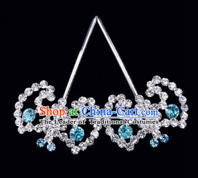 Chinese Ancient Peking Opera Hair Accessories Young Lady Bat Headwear, Traditional Chinese Beijing Opera Head Ornaments Hua Tan Blue Crystal Hairpins