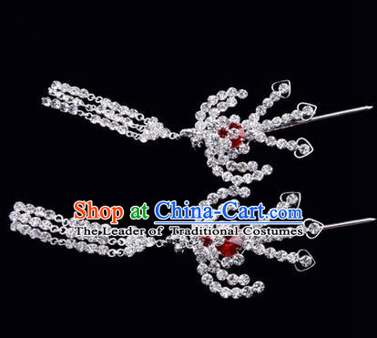 Chinese Ancient Peking Opera Hair Accessories Young Lady Headwear, Traditional Chinese Beijing Opera Head Ornaments Hua Tan Red Crystal Phoenix Hairpins