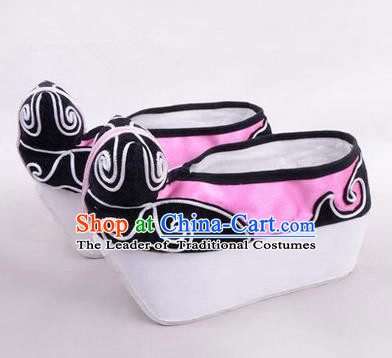 Chinese Ancient Peking Opera Young Men High Sole Shoes, Traditional China Beijing Opera Male Pink Embroidered Shoes