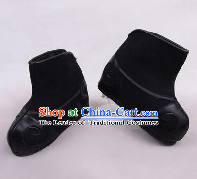 Chinese Ancient Peking Opera Huangmei Opera Martial Role Boots, Traditional China Beijing Opera Male Black Embroidered Shoes
