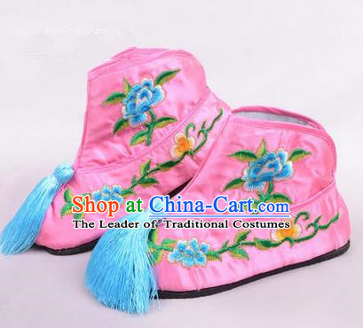 Chinese Ancient Peking Opera Martial Lady Embroidered Boots, Traditional China Beijing Princess Opera Pink Embroidered Shoes