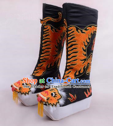 Chinese Ancient Peking Opera King Embroidered High Leg Boots, Traditional China Beijing Emperor Opera Black Embroidered Steller Shoes