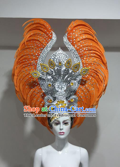 Top Grade Professional Stage Show Halloween Crystal Feather Headpiece Hat, Brazilian Rio Carnival Samba Opening Dance Orange Feather Headwear for Women