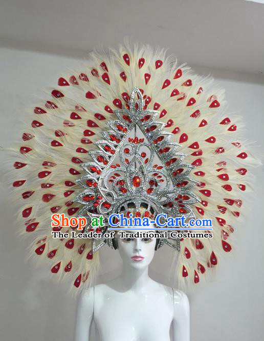 Top Grade Professional Stage Show Halloween Red Crystal Feather Headpiece Hat, Brazilian Rio Carnival Samba Opening Dance Feather Headwear for Women