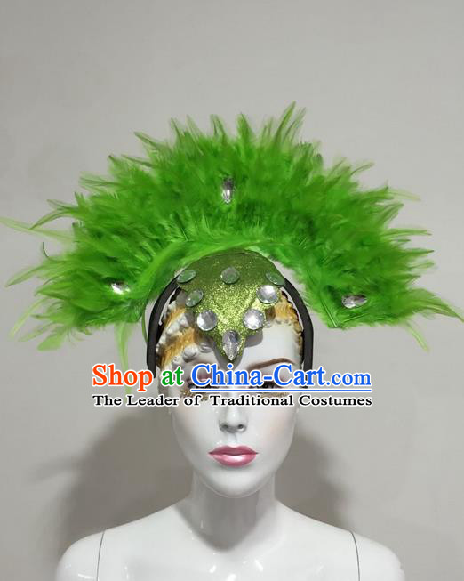 Top Grade Professional Stage Show Crystal Halloween Headpiece Hat, Brazilian Rio Carnival Samba Opening Dance Green Feather Headwear for Women