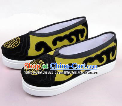 Chinese Ancient Peking Opera Huangmei Opera Old Men Shoes, Traditional China Beijing Opera Male Yellow Embroidered Shoes