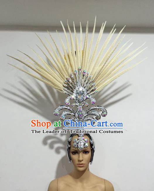 Top Grade Professional Stage Show Giant Headpiece Beige Feather Big Hair Accessories Decorations, Brazilian Rio Carnival Samba Opening Dance Hat Headwear for Women