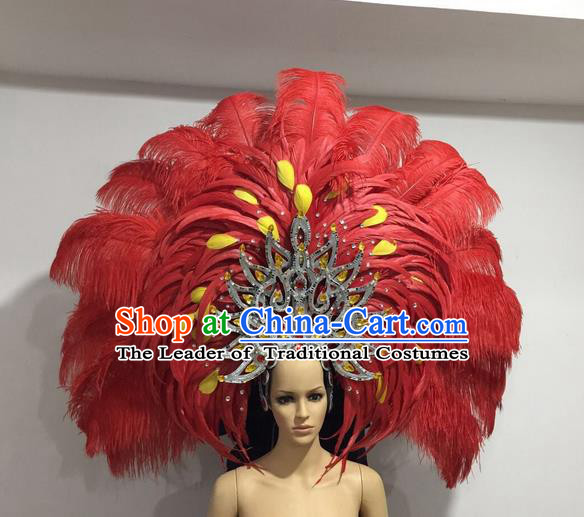 Top Grade Professional Stage Show Giant Headpiece Red Feather Big Hair Accessories Decorations, Brazilian Rio Carnival Samba Opening Dance Hat Headwear for Women