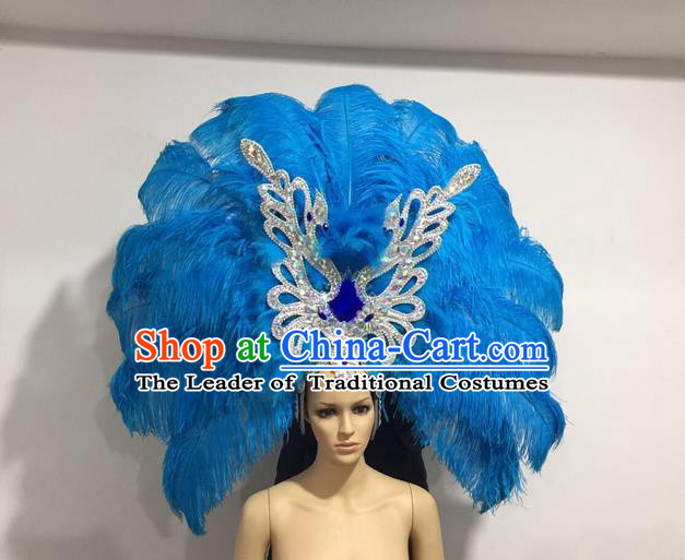 Top Grade Professional Stage Show Giant Headpiece Blue Feather Big Hair Accessories Butterfly Decorations, Brazilian Rio Carnival Samba Opening Dance Hat Headwear for Women