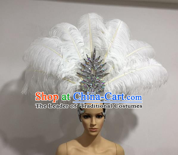 Top Grade Professional Stage Show Giant Headpiece White Feather Big Hair Accessories Decorations, Brazilian Rio Carnival Samba Opening Dance Hat Headwear for Women