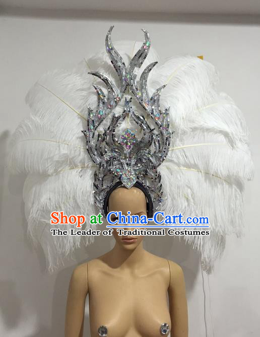 Top Grade Professional Stage Show Giant Headpiece White Feather Big Hair Accessories Decorations, Brazilian Rio Carnival Samba Opening Dance Headwear for Women