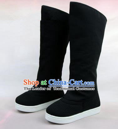 Chinese Ancient Peking Opera Officer Embroidered Court High Leg Boots, Traditional China Beijing Opera Black Cloth Shoes