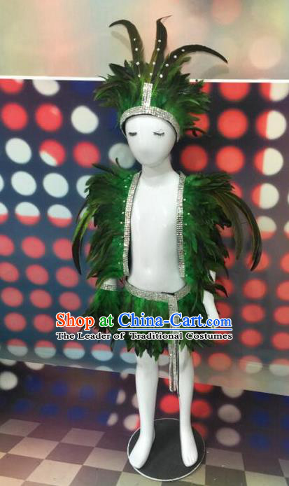 Top Grade Professional Performance Catwalks Swimsuit Costume, Traditional Brazilian Rio Carnival Samba Suits Modern Fancywork Green Feather Clothing for Kids