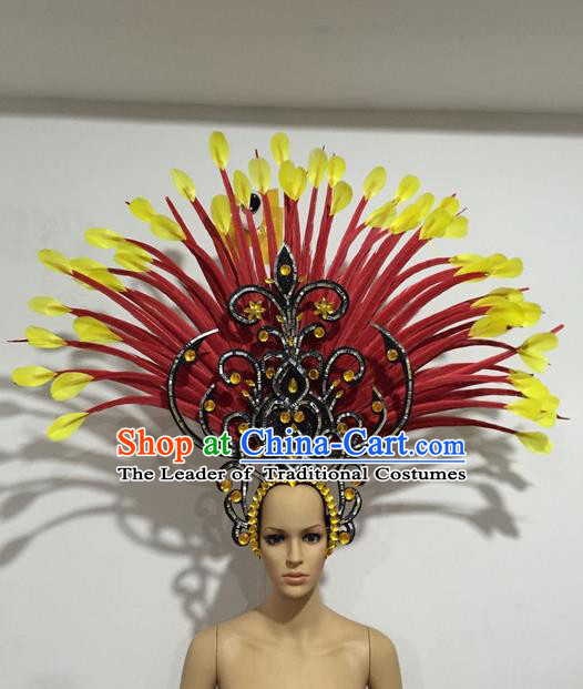 Top Grade Professional Stage Show Halloween Crystal Giant Headpiece Feather Hat, Brazilian Rio Carnival Samba Opening Dance Imperial Empress Hair Accessories Headwear for Women