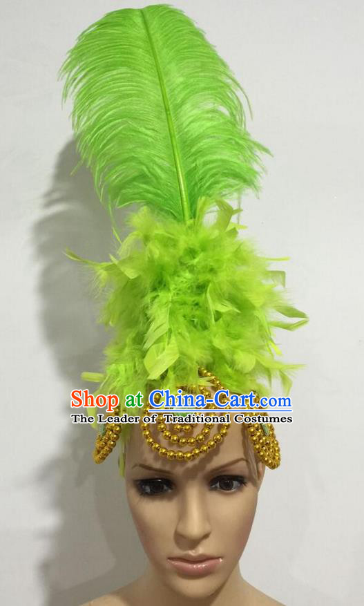 Top Grade Professional Stage Show Giant Headpiece Parade Hair Accessories, Brazilian Rio Carnival Samba Opening Dance Imperial Empress Green Feather Headwear for Women