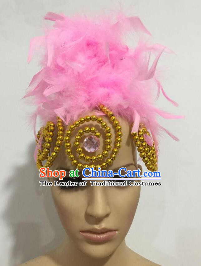 Top Grade Professional Stage Show Giant Headpiece Parade Hair Accessories, Brazilian Rio Carnival Samba Opening Dance Imperial Empress Pink Feather Headwear for Women