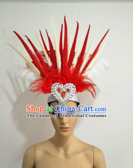 Top Grade Professional Stage Show Giant Headpiece Parade Hair Accessories Decorations, Brazilian Rio Carnival Samba Opening Dance Red and White Feather Hats for Women