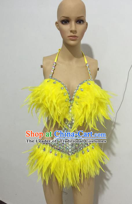 Top Grade Professional Performance Catwalks Swimsuit Costumes, Traditional Brazilian Rio Carnival Samba Suits Modern Fancywork Yellow Feather Bikini for Women