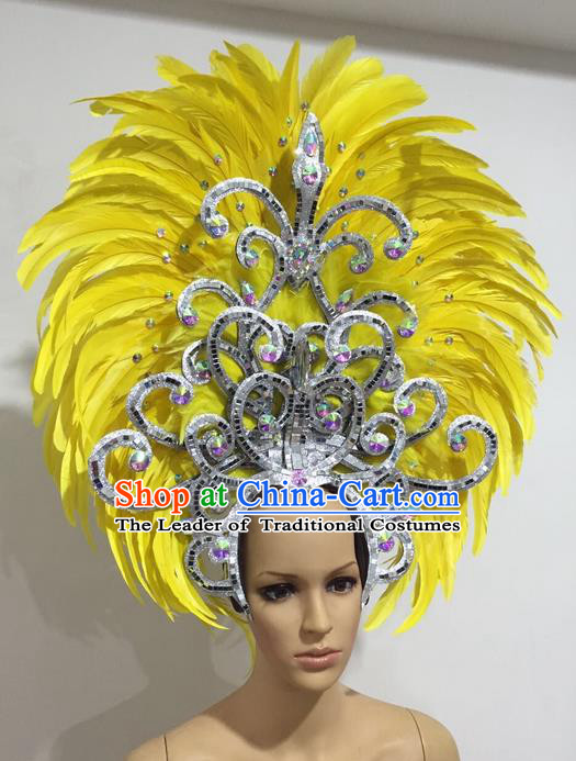 Top Grade Professional Stage Show Giant Headpiece Yellow Feather Hair Accessories Decorations, Brazilian Rio Carnival Samba Opening Dance Headwear for Women