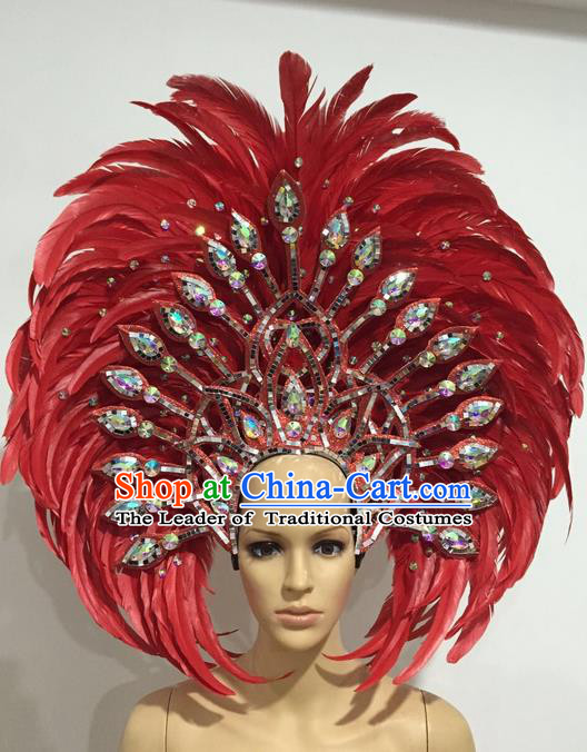 Top Grade Professional Stage Show Giant Headpiece Red Crystal Feather Hair Accessories Decorations, Brazilian Rio Carnival Samba Opening Dance Headwear for Women
