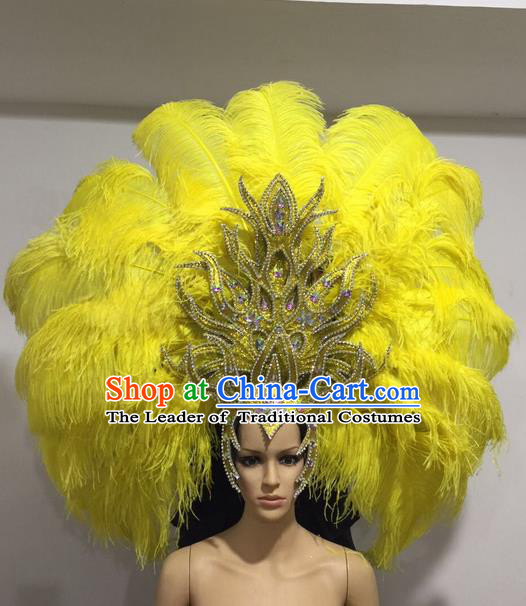 Top Grade Professional Stage Show Halloween Giant Headpiece Yellow Feather Hat, Brazilian Rio Carnival Samba Opening Dance Imperial Empress Hair Accessories Headwear for Women