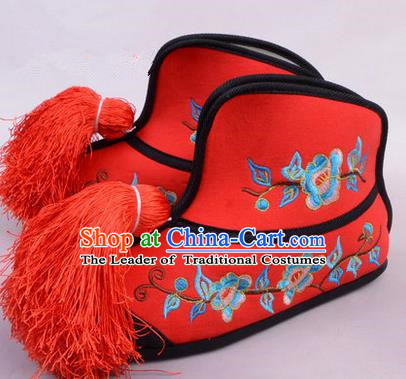 Traditional Chinese Ancient Peking Opera Martial Lady Embroidered Boots, China Beijing Opera Blues Red Embroidered Shoes