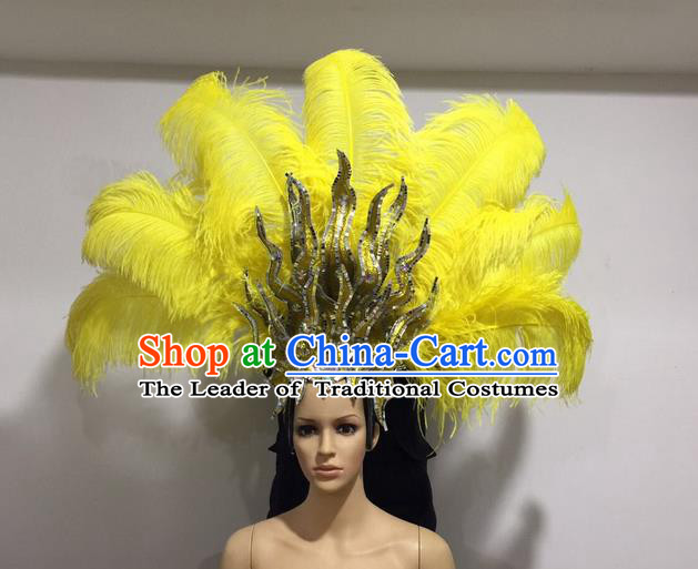 Top Grade Professional Stage Show Halloween Giant Headpiece Yellow Feather Big Hair Accessories Decorations, Brazilian Rio Carnival Samba Opening Dance Hat Headwear for Women