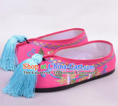 Chinese Ancient Peking Opera Young Lady Bride Embroidered Hua Tan Shoes, Traditional China Beijing Opera Princess Wedding Rosy Embroidered Shoes