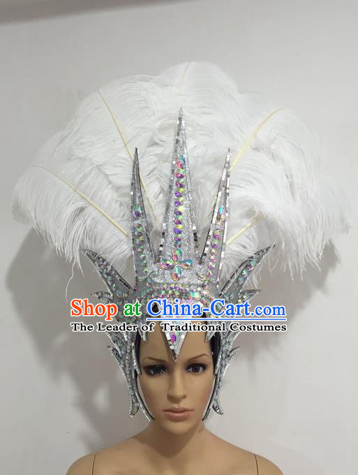 Top Grade Professional Stage Show Giant Headpiece Crystal White Royal Crown Feather Hair Accessories Decorations, Brazilian Rio Carnival Samba Opening Dance Headwear for Women