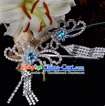 Chinese Ancient Peking Opera Hair Accessories Young Lady Diva Blue Phoenix Tassel Hairpins, Traditional Chinese Beijing Opera Hua Tan Colorful Crystal Head Ornaments