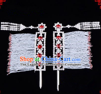 Chinese Ancient Peking Opera Hair Accessories Young Lady Diva Crystal Hairpins Red Temples Curtain, Traditional Chinese Beijing Opera Hua Tan Head Ornaments