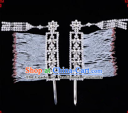 Chinese Ancient Peking Opera Hair Accessories Young Lady Diva Crystal Hairpins White Temples Curtain, Traditional Chinese Beijing Opera Hua Tan Head Ornaments