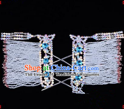 Chinese Ancient Peking Opera Hair Accessories Young Lady Diva Colorful Crystal Hairpins Blue Temples Curtain, Traditional Chinese Beijing Opera Hua Tan Head Ornaments