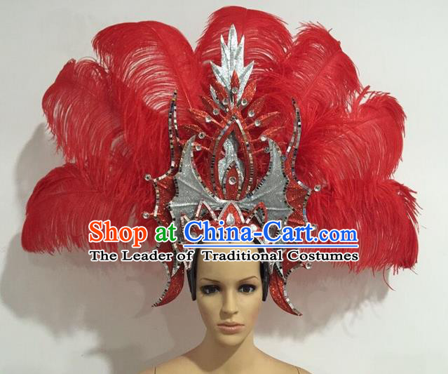 Top Grade Professional Stage Show Giant Headpiece Red Feather Big Hair Accessories Decorations, Brazilian Rio Carnival Samba Opening Dance Headwear for Women