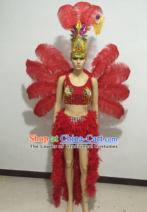 Top Grade Professional Performance Catwalks Swimsuit Costumes and Headpiece, Traditional Brazilian Rio Carnival Samba Suits Modern Fancywork Red Feather Bikini for Women